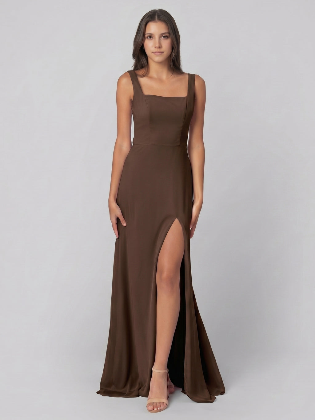 Mocha Chiffon A-Line Square Neck Backless Floor-Length Bridesmaid Dress