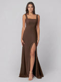 Mocha Chiffon A-Line Square Neck Backless Floor-Length Bridesmaid Dress