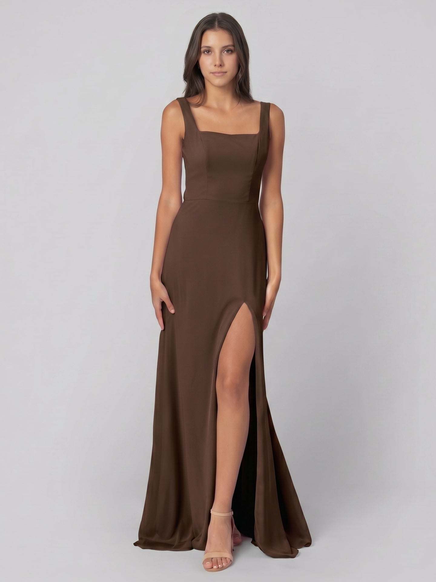 Mocha Chiffon A-Line Square Neck Backless Floor-Length Bridesmaid Dress