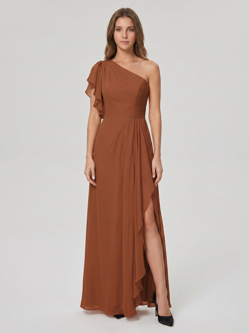 Terracotta Chiffon Sheath One Shoulder Back Zip Floor-Length Ruffle Bridesmaid Dress
