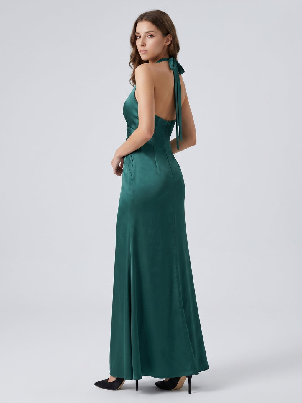 Peacock Satin Sheath Halter Backless Floor-Length Bridesmaid Dress