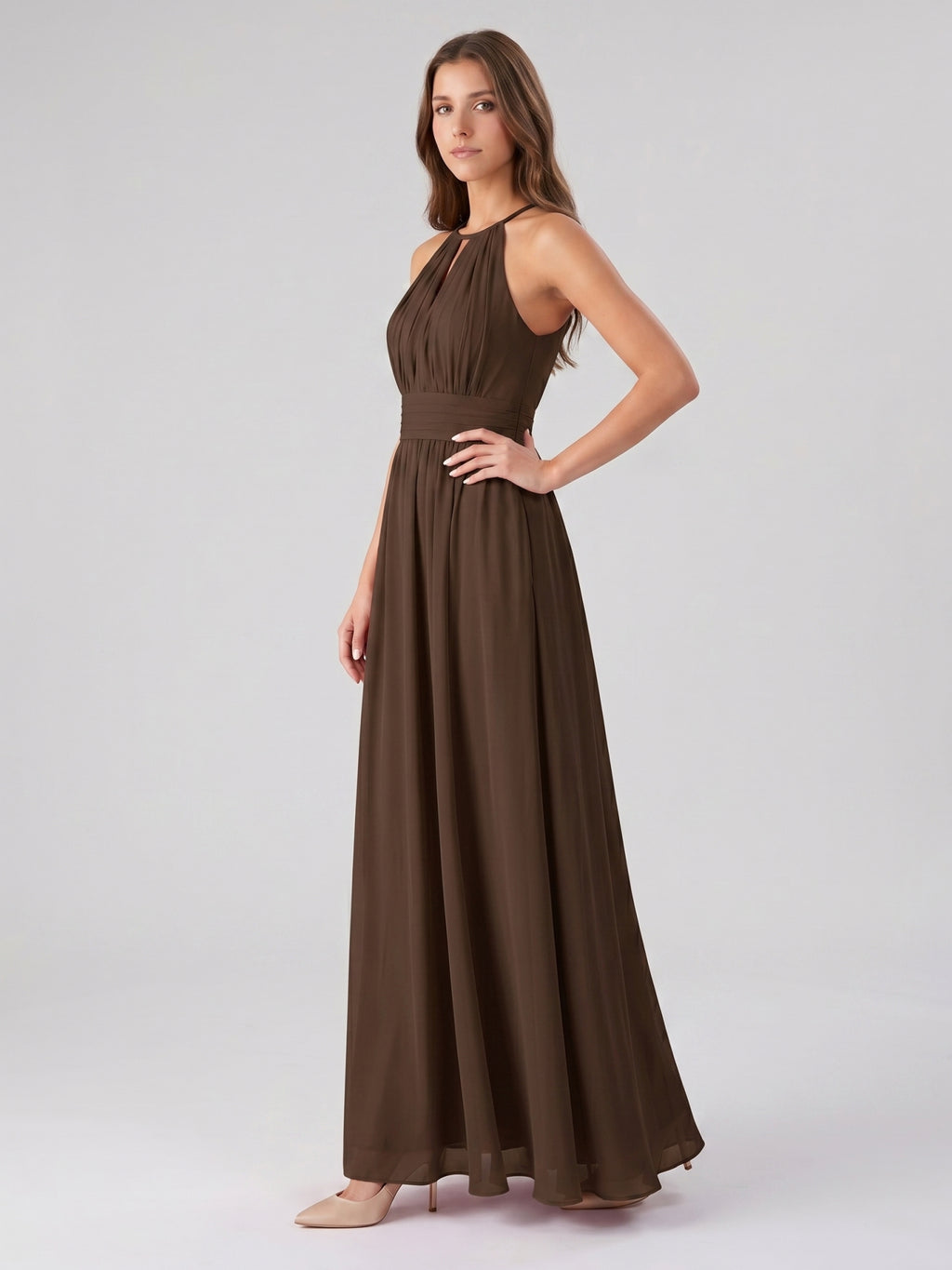Mocha Chiffon A-Line Halter Keyhole Back Floor-Length Bridesmaid Dress
