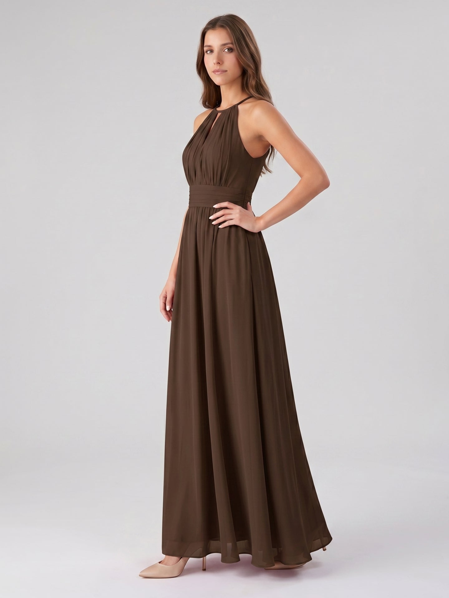 Mocha Chiffon A-Line Halter Keyhole Back Floor-Length Bridesmaid Dress