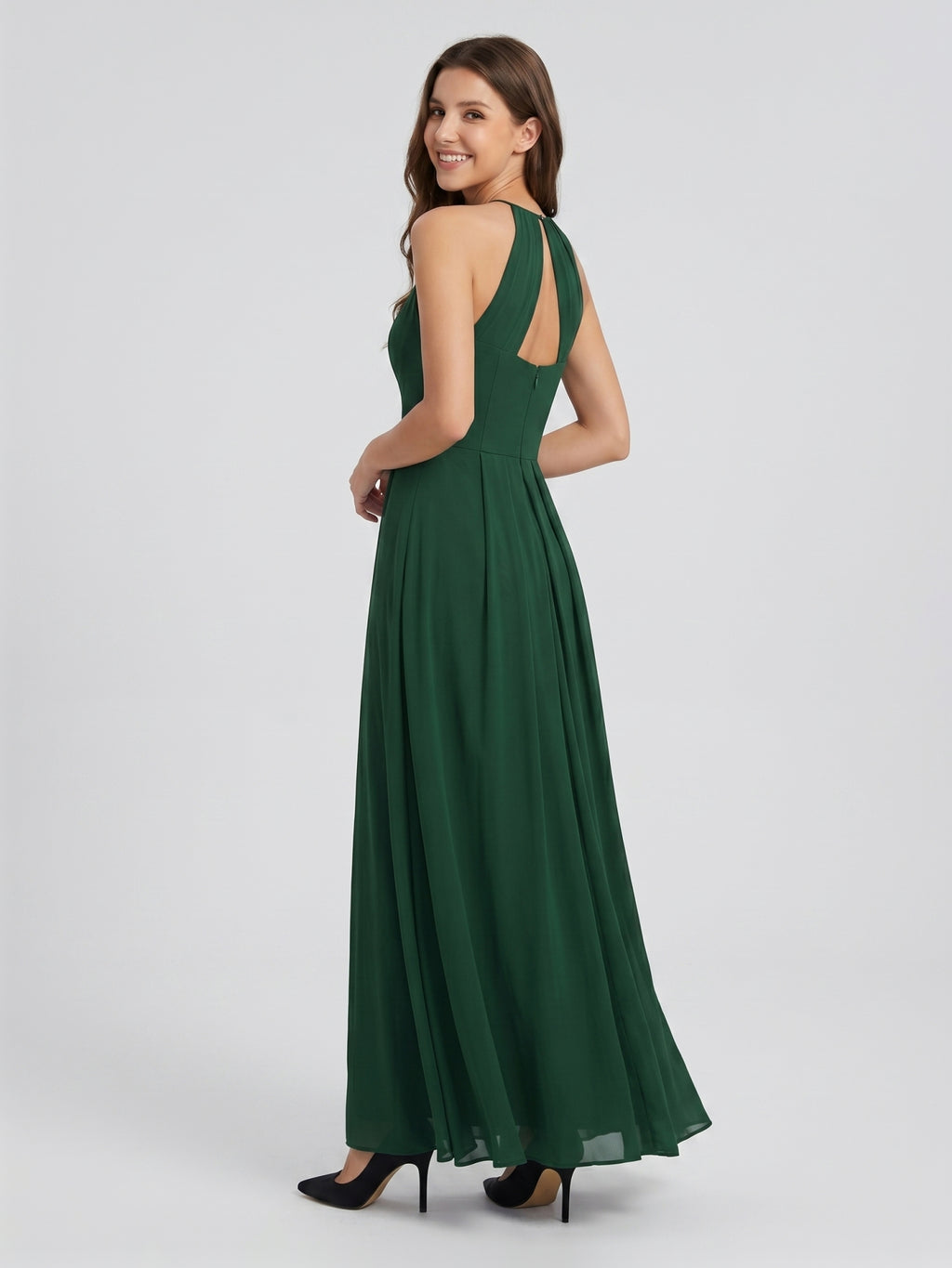 Forest Green Chiffon A-Line Halter Back Zip Floor-Length Ruffle Bridesmaid Dress