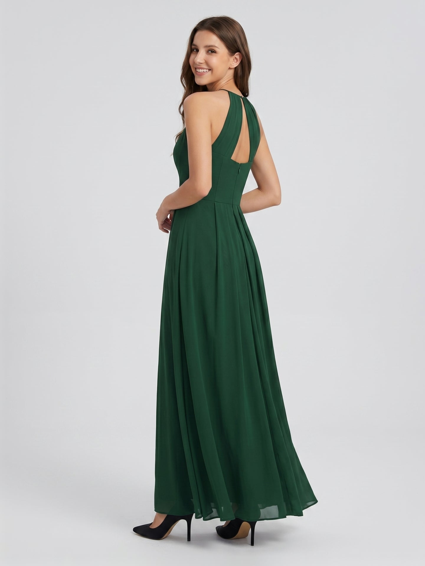Forest Green Chiffon A-Line Halter Back Zip Floor-Length Ruffle Bridesmaid Dress