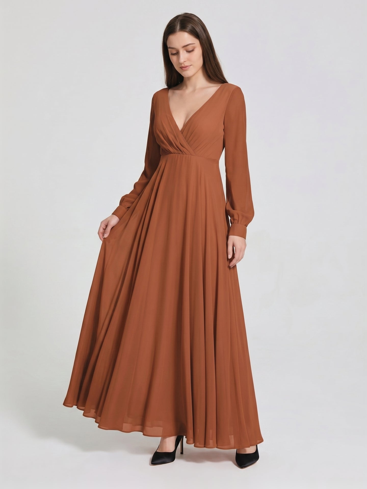 Terracotta Chiffon A-Line V-Neck Back Zip Floor-Length Pleated Bridesmaid Dress