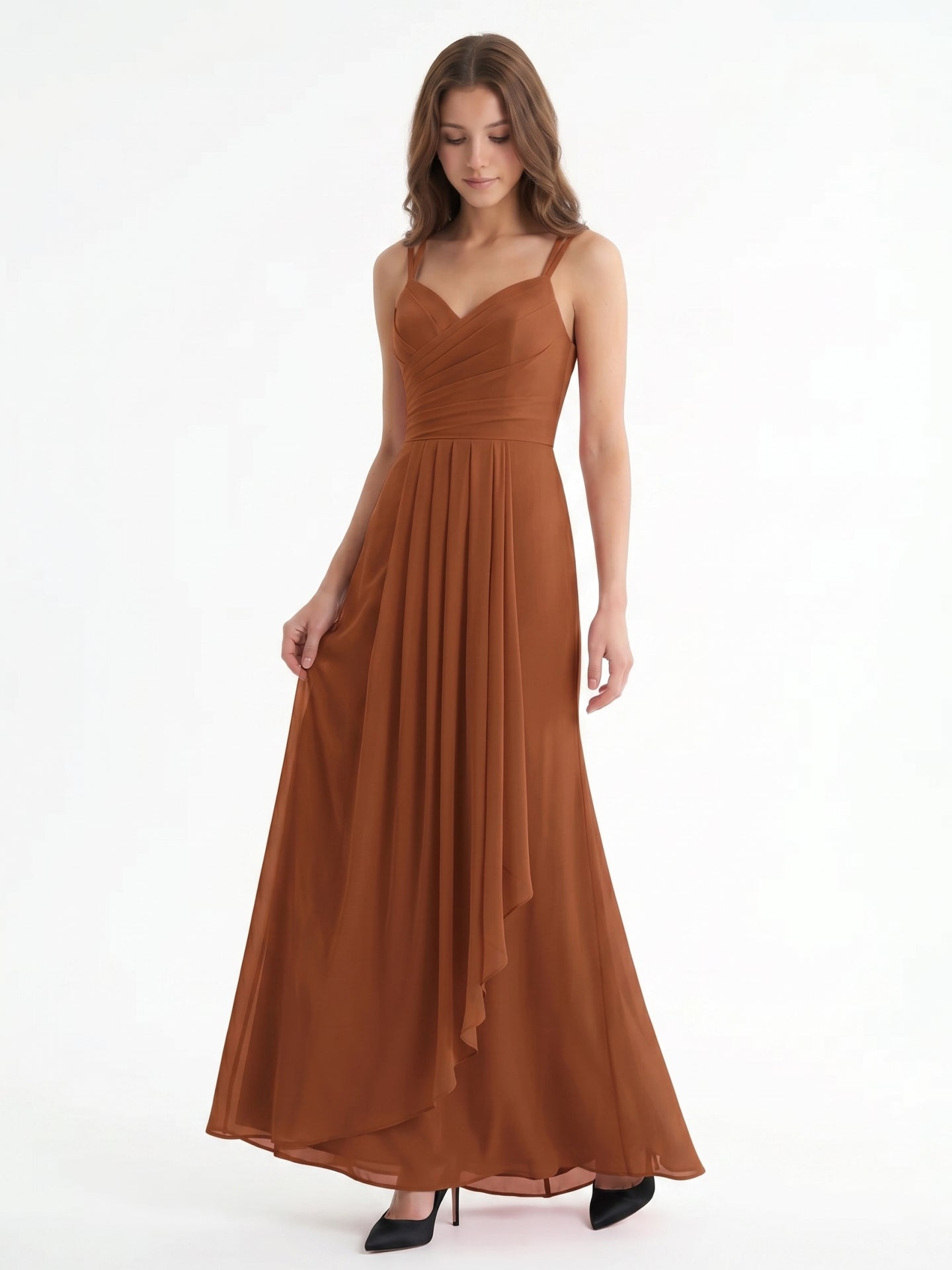 Terracotta Chiffon Sheath Sweetheart Criss-Cross Back Floor-Length Pleated Dress