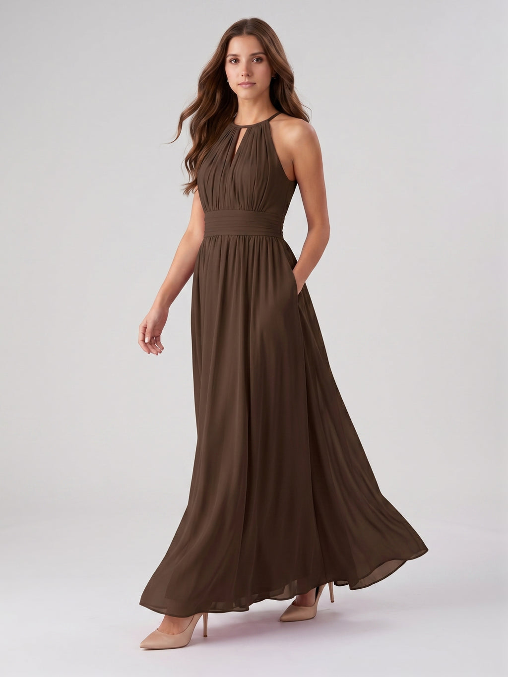 Mocha Chiffon A-Line Halter Keyhole Back Floor-Length Bridesmaid Dress