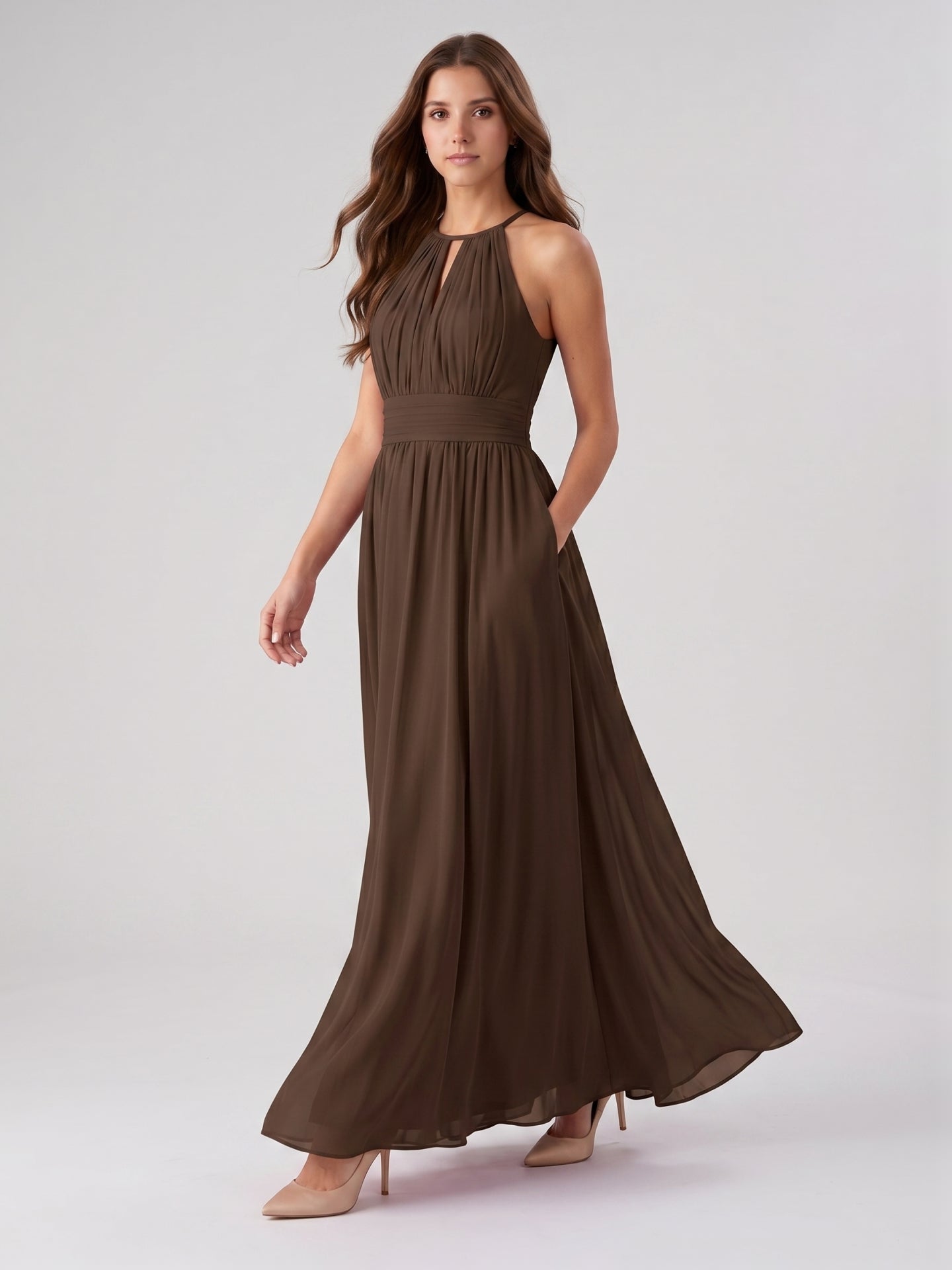 Mocha Chiffon A-Line Halter Keyhole Back Floor-Length Bridesmaid Dress