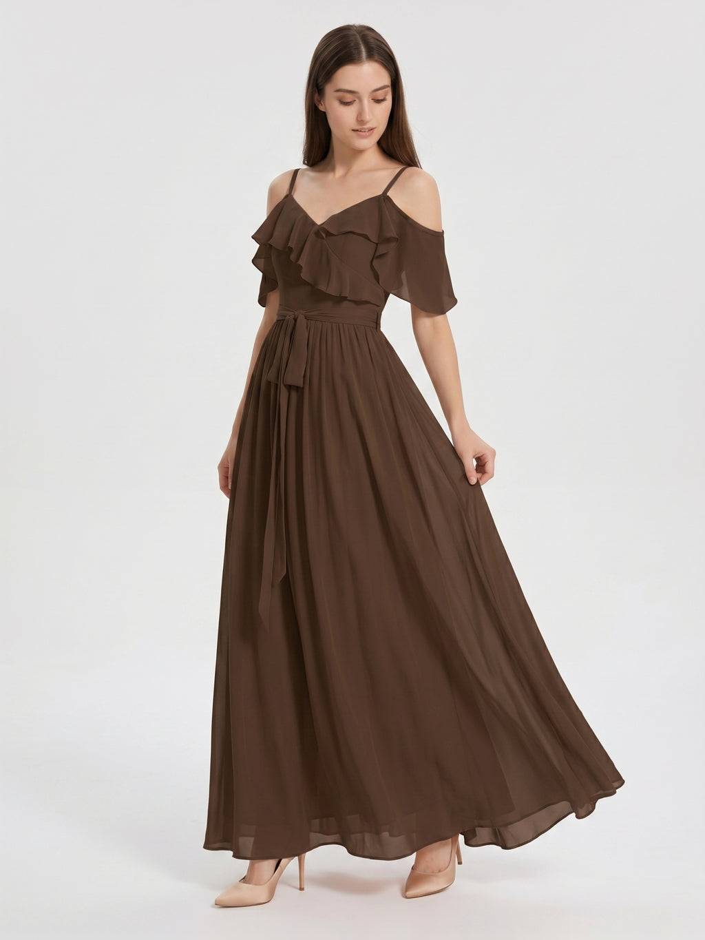 Mocha Chiffon A-Line Off-the-Shoulder V-Back Floor-Length Ruffle Bridesmaid Dress