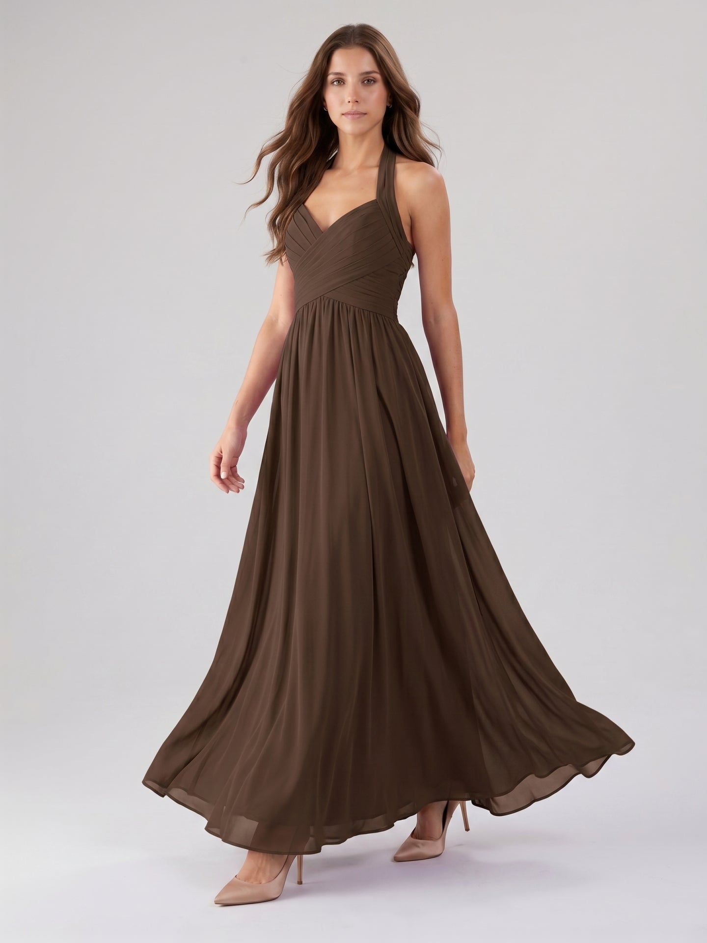 Mocha Chiffon A-Line Halter Backless Floor-Length Pleated Bridesmaid Dress