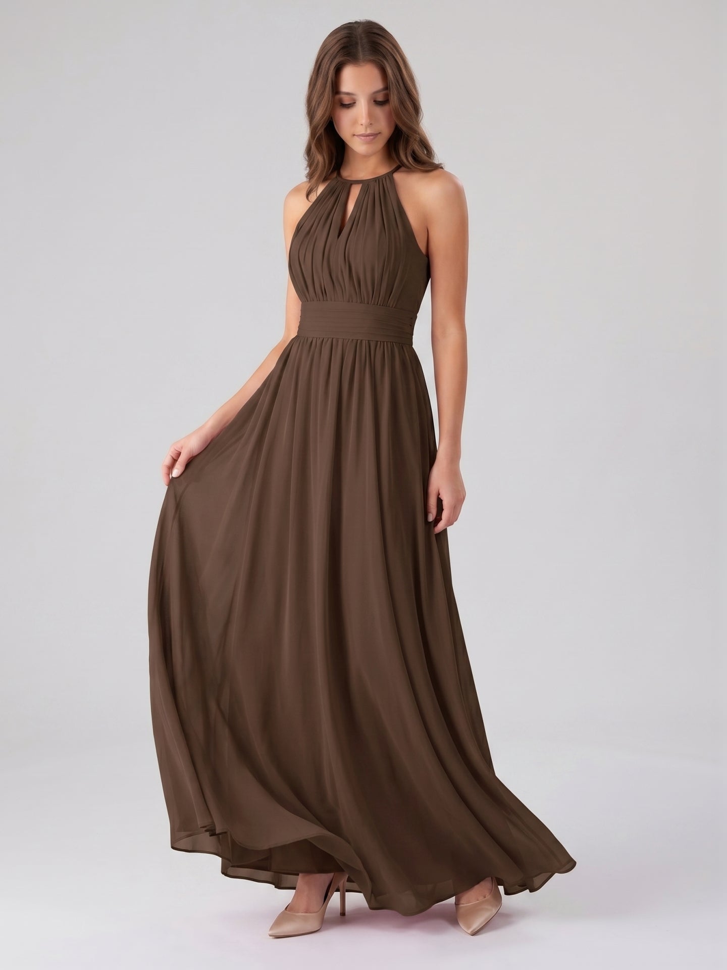 Mocha Chiffon A-Line Halter Keyhole Back Floor-Length Bridesmaid Dress