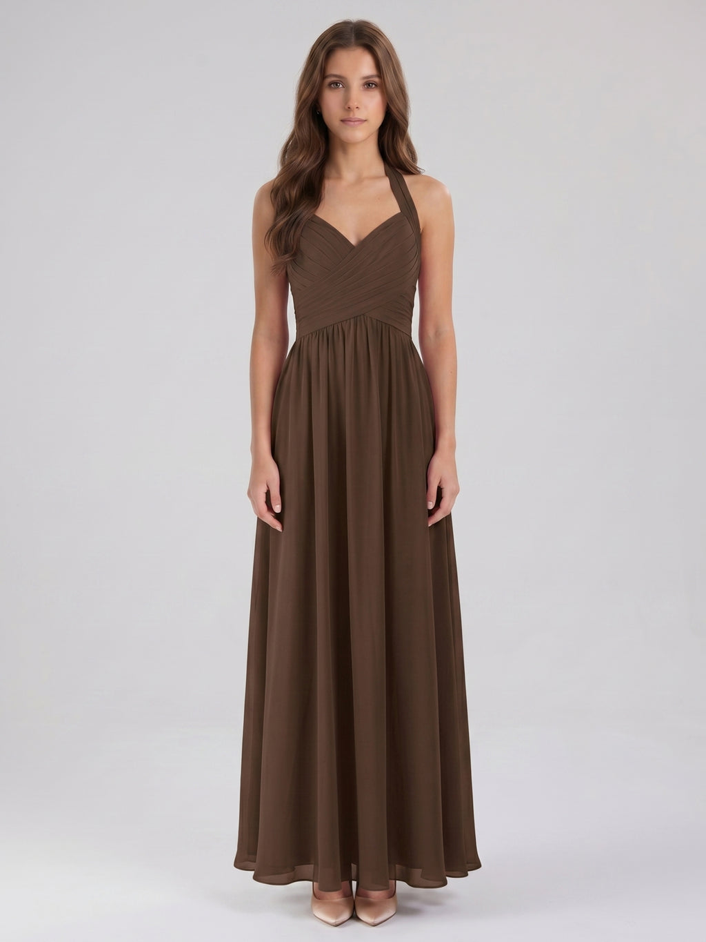 Mocha Chiffon A-Line Halter Backless Floor-Length Pleated Bridesmaid Dress