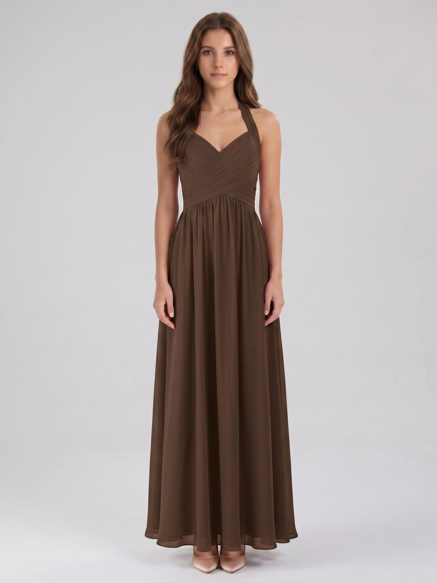 Mocha Chiffon A-Line Halter Backless Floor-Length Pleated Bridesmaid Dress