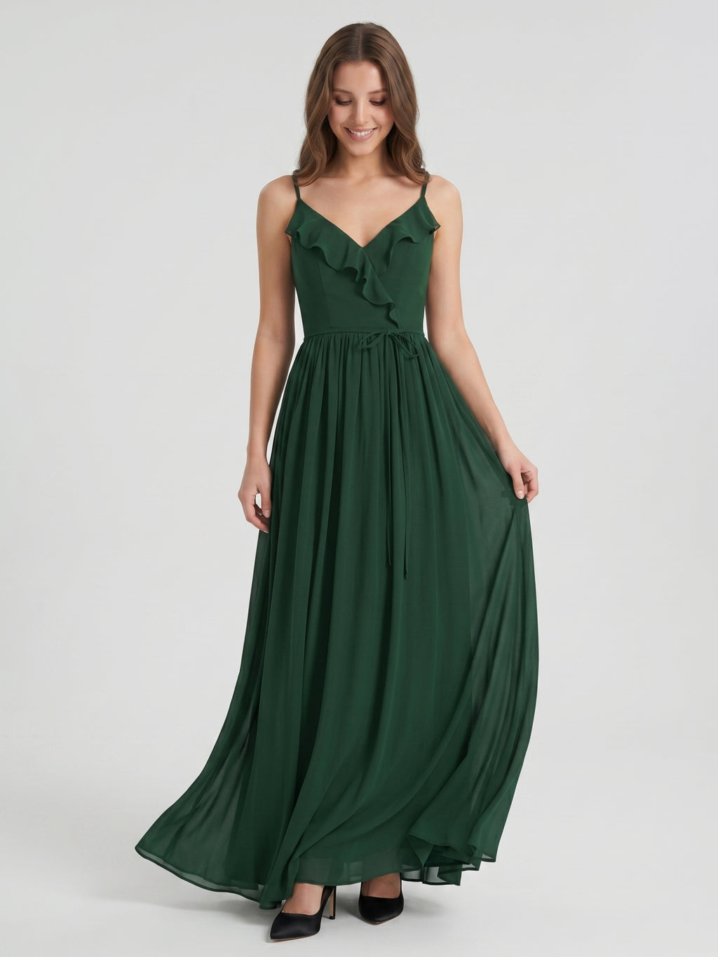 Forest Green Chiffon A-Line V-Neck V-Back Floor-Length Ruffle Bridesmaid Dress
