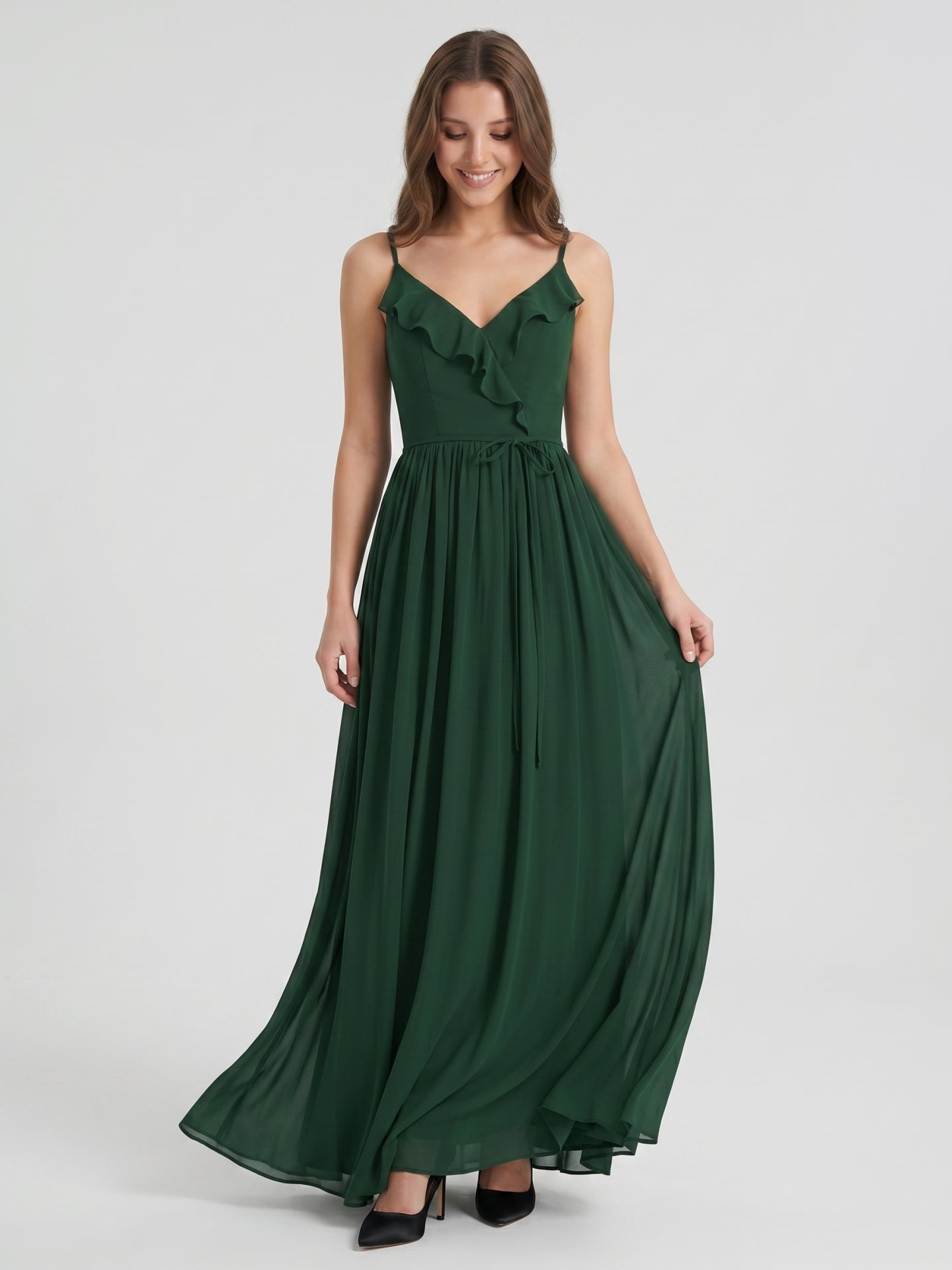 Forest Green Chiffon A-Line V-Neck V-Back Floor-Length Ruffle Bridesmaid Dress