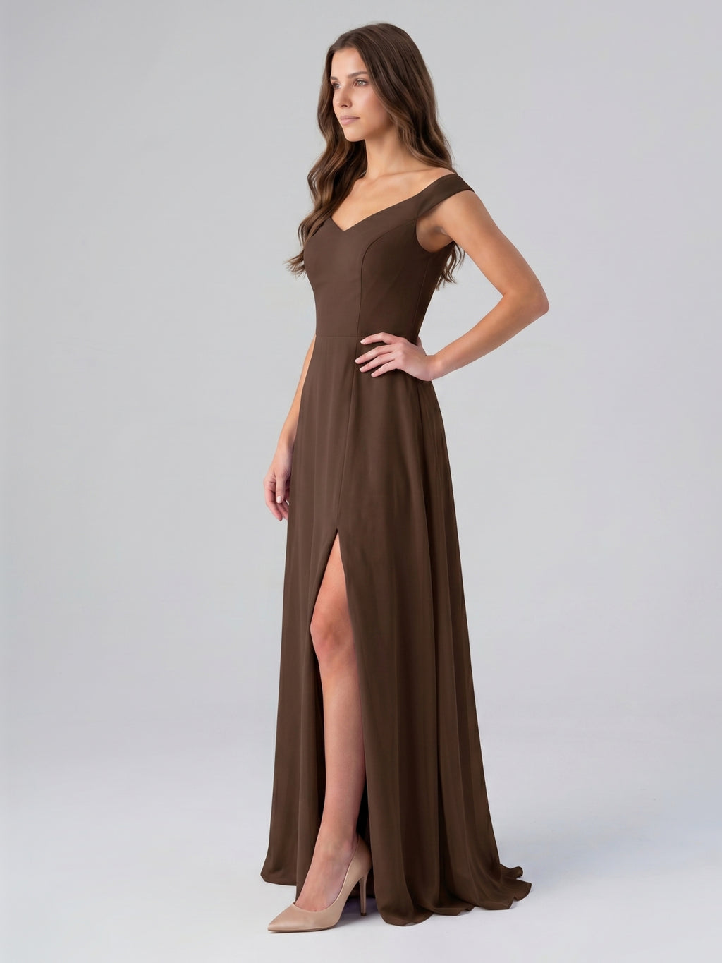 Mocha Chiffon A-Line Sweetheart V-Back Floor-Length Bridesmaid Dress