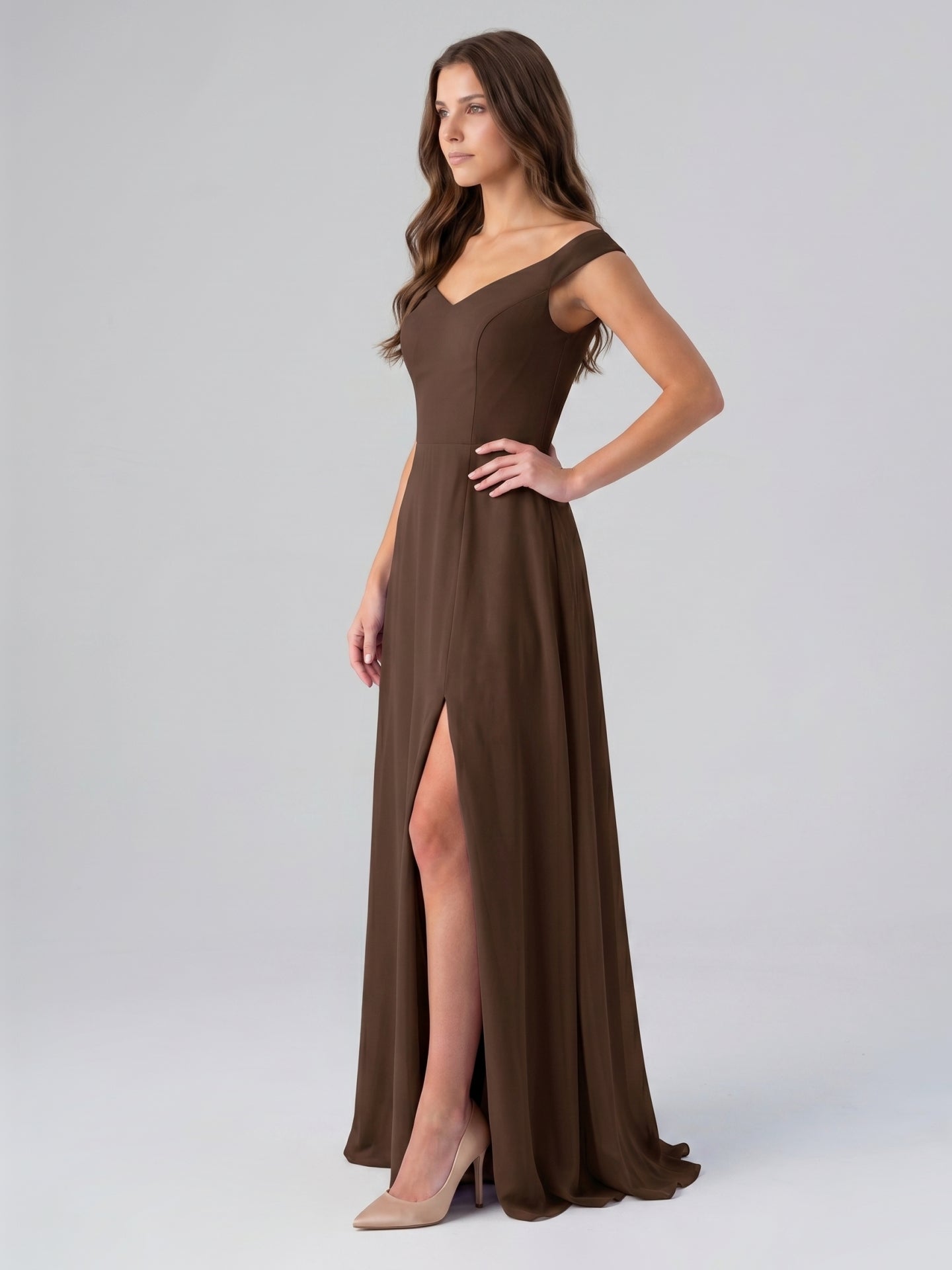 Mocha Chiffon A-Line Sweetheart V-Back Floor-Length Bridesmaid Dress