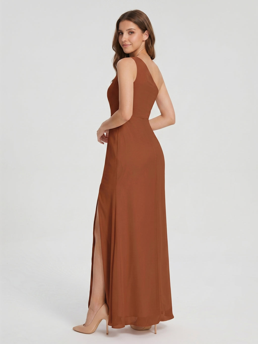 Terracotta Chiffon Column One Shoulder Side Zip Ankle-Length Bridesmaid Dress