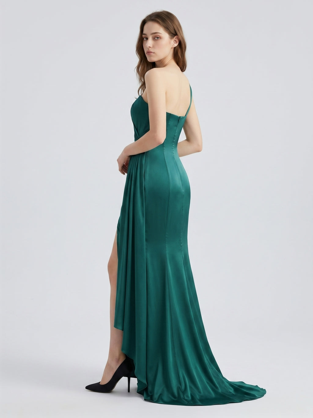 Peacock Satin Sheath One Shoulder Backless Floor-Length Pleated Bridesmaid Dress