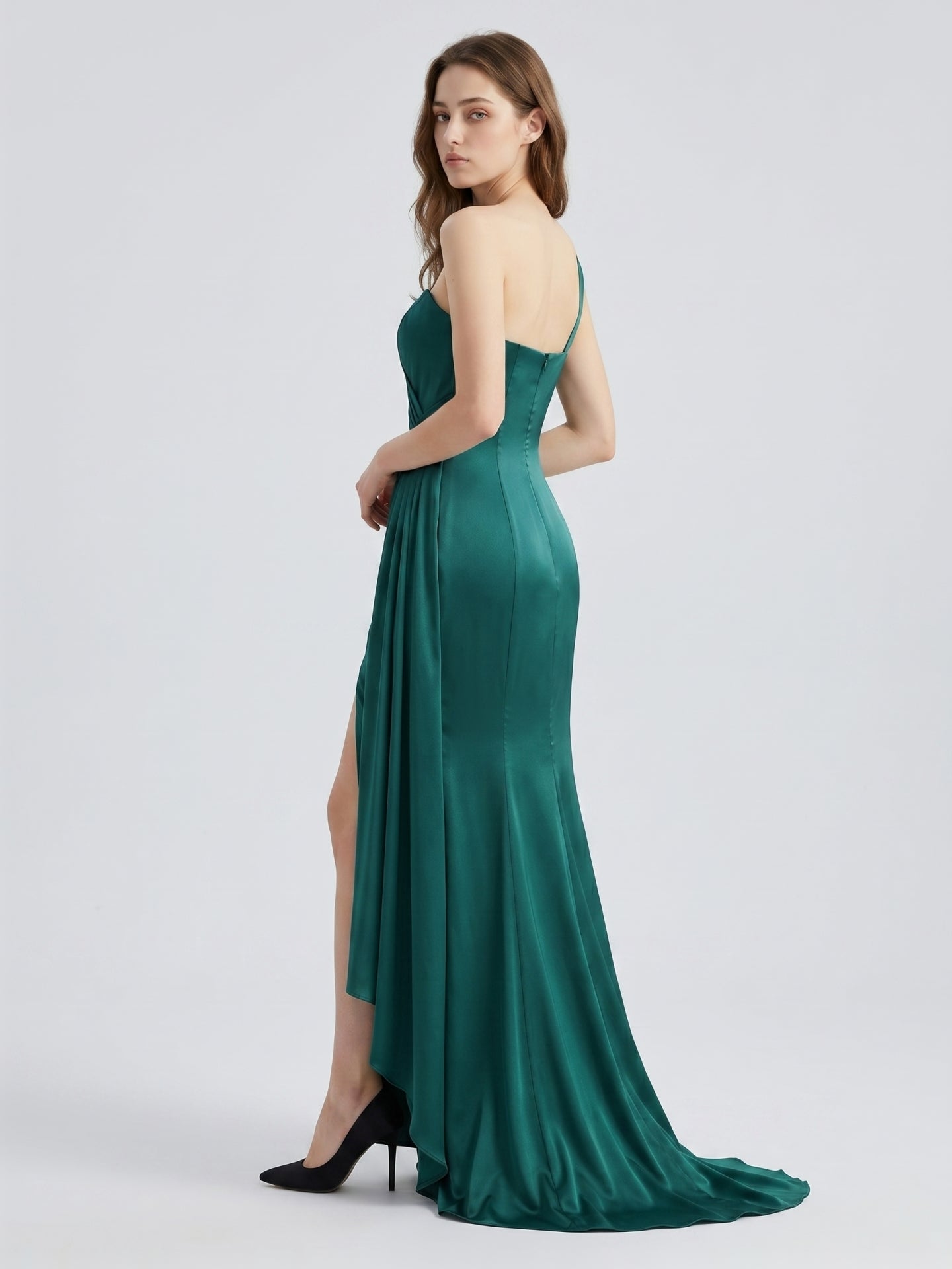 Peacock Satin Sheath One Shoulder Backless Floor-Length Pleated Bridesmaid Dress
