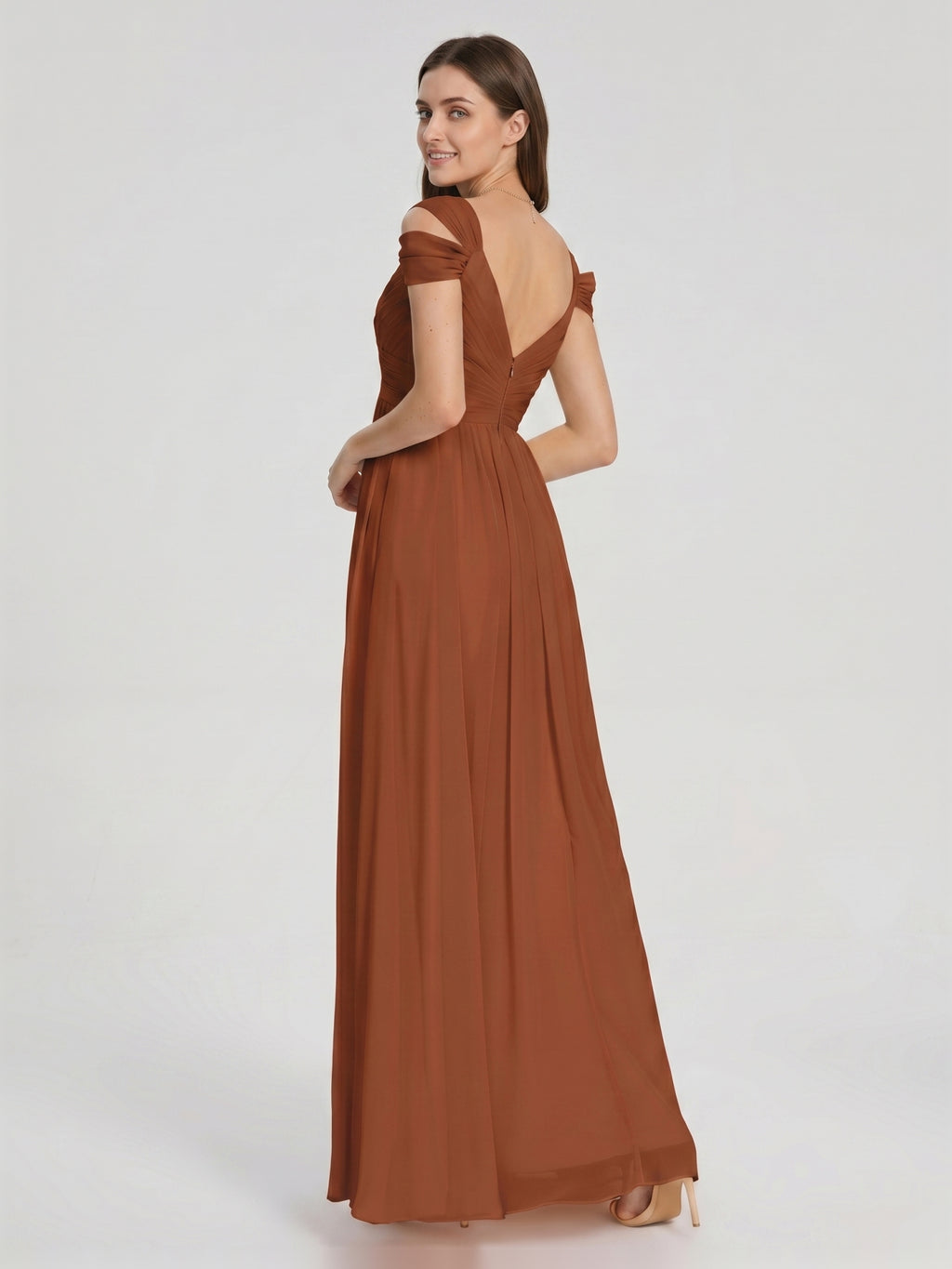 Terracotta Chiffon Empire Off-the-Shoulder V-Back Floor-Length Pleated Bridesmaid Dress