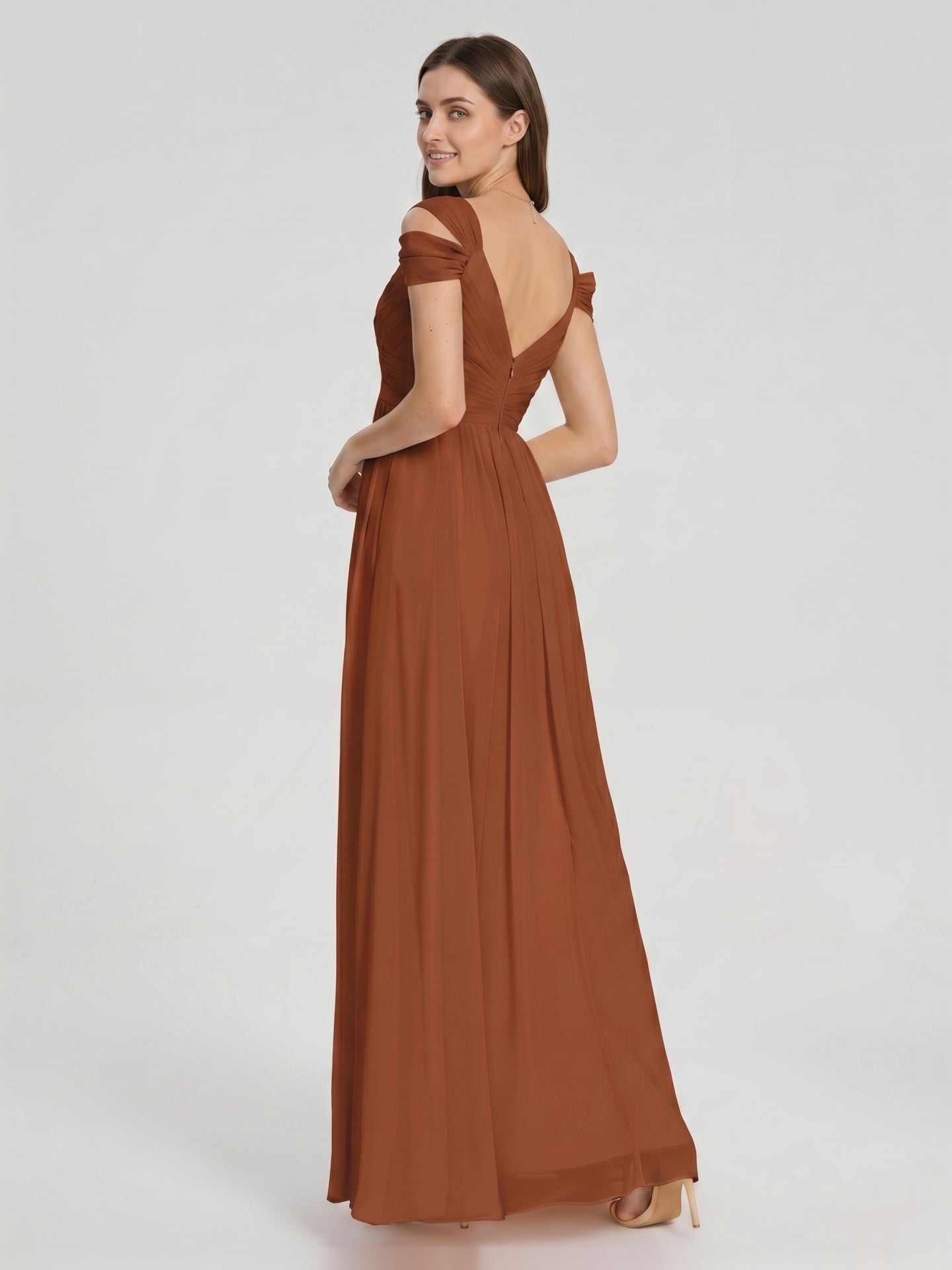 Terracotta Chiffon Empire Off-the-Shoulder V-Back Floor-Length Pleated Bridesmaid Dress