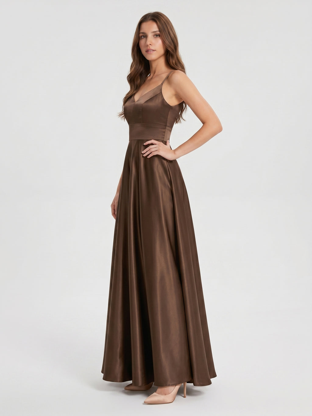 Mocha Satin A-Line V-Neck Criss-Cross Back Floor-Length Bridesmaid Dress