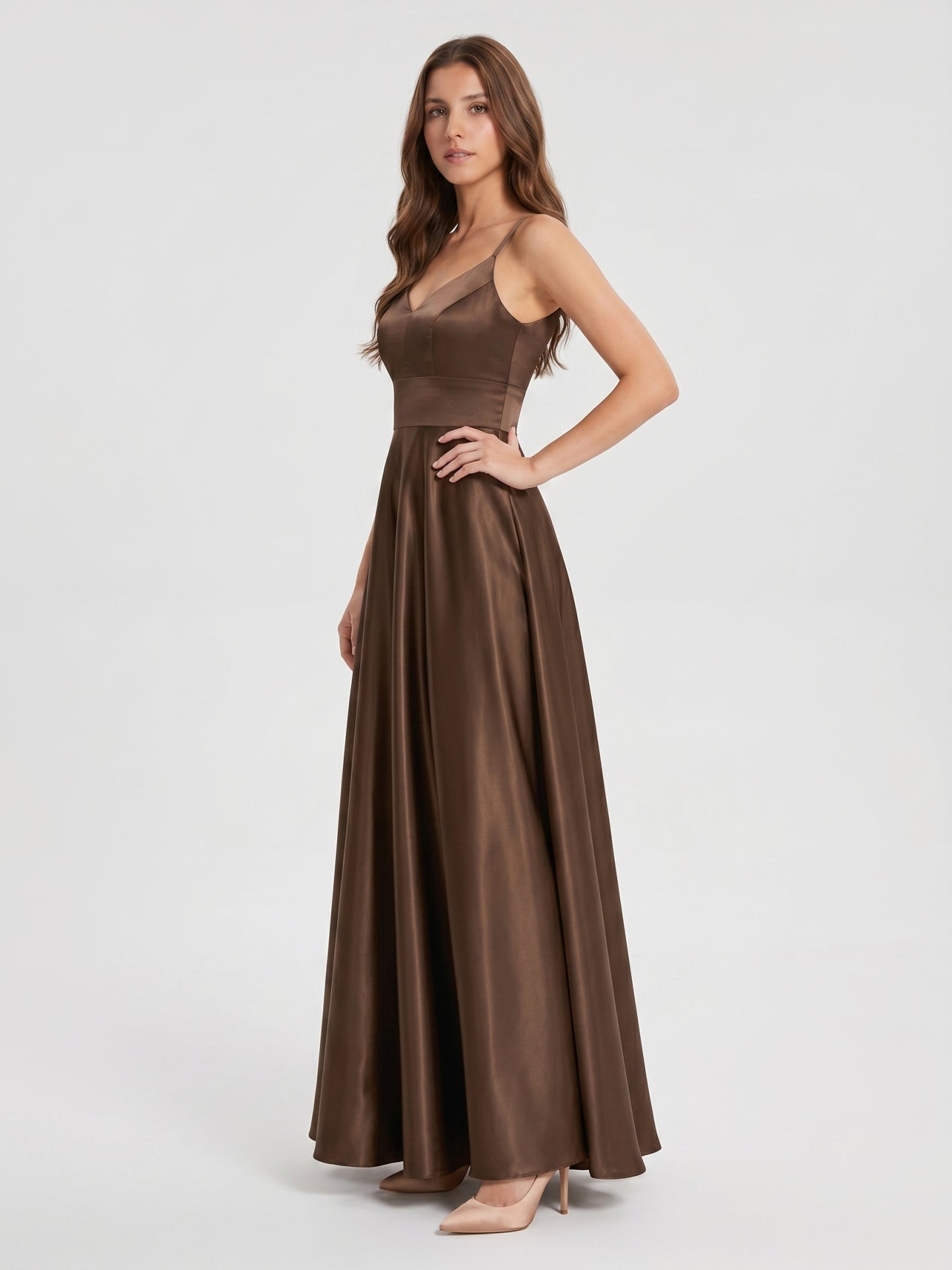 Mocha Satin A-Line V-Neck Criss-Cross Back Floor-Length Bridesmaid Dress