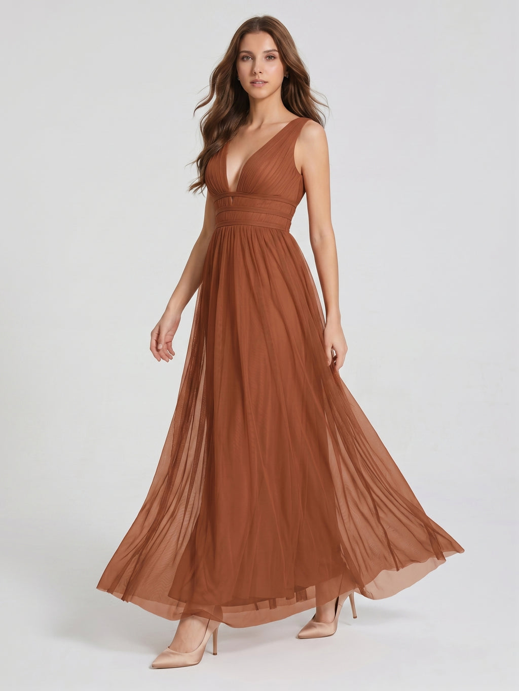 Terracotta Tulle A-Line V-Neck V-Back Floor-Length Pleated Bridesmaid Dress
