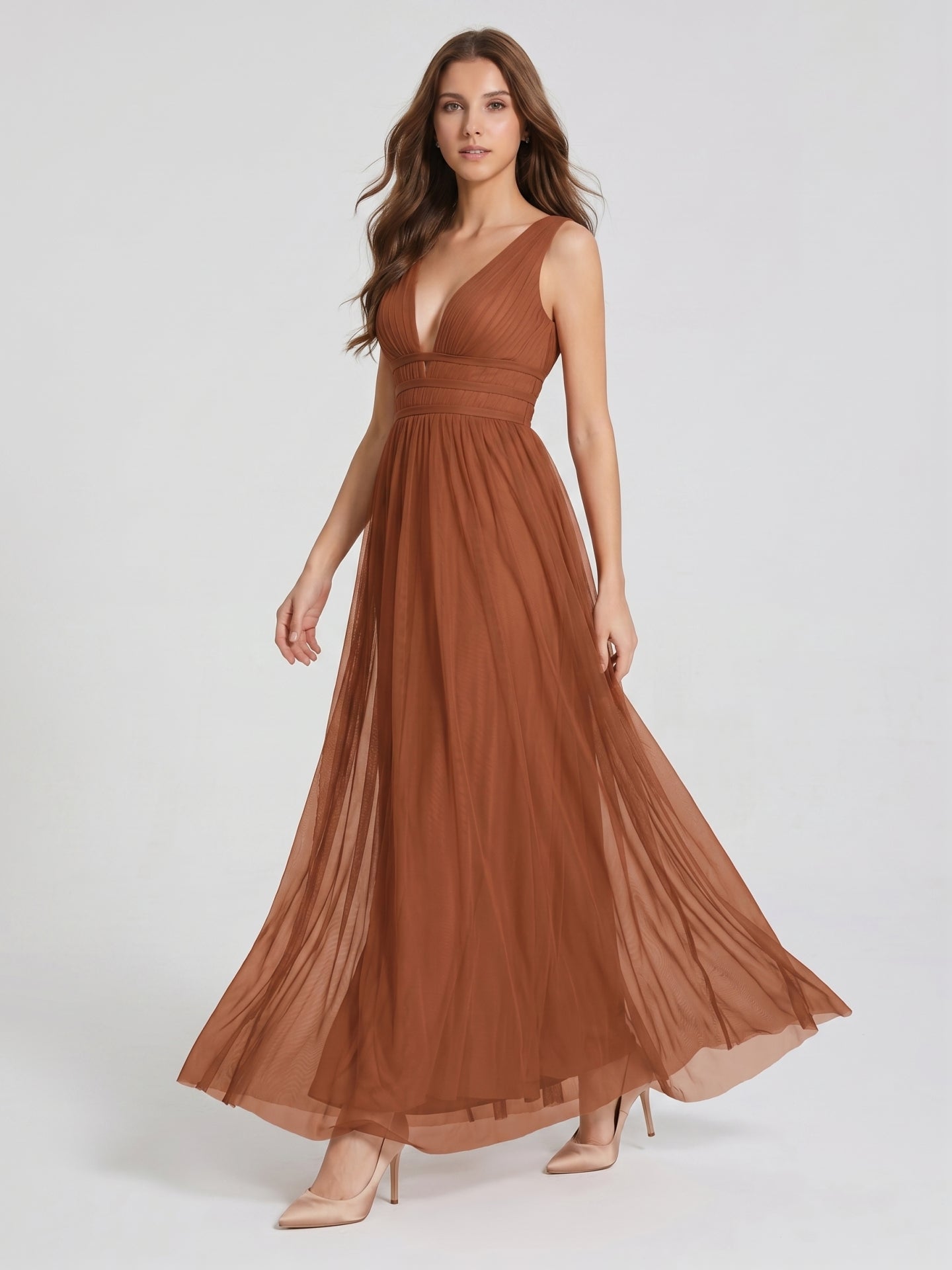 Terracotta Tulle A-Line V-Neck V-Back Floor-Length Pleated Bridesmaid Dress