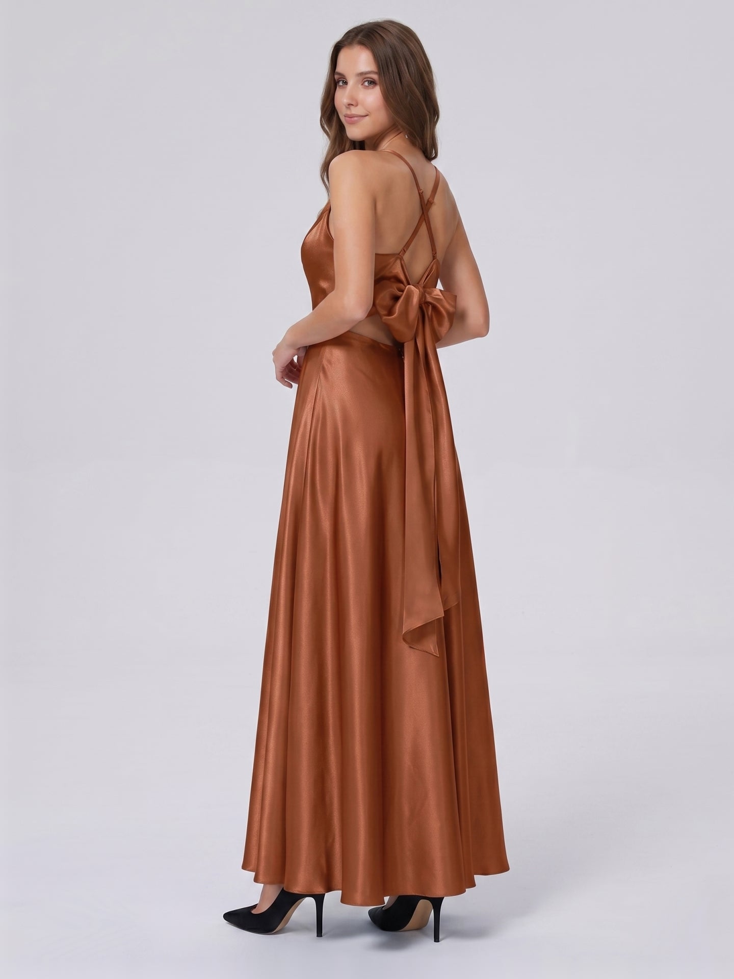 Terracotta Satin A-Line V-Neck Bow Back Floor-Length Bridesmaid Dress with Bow