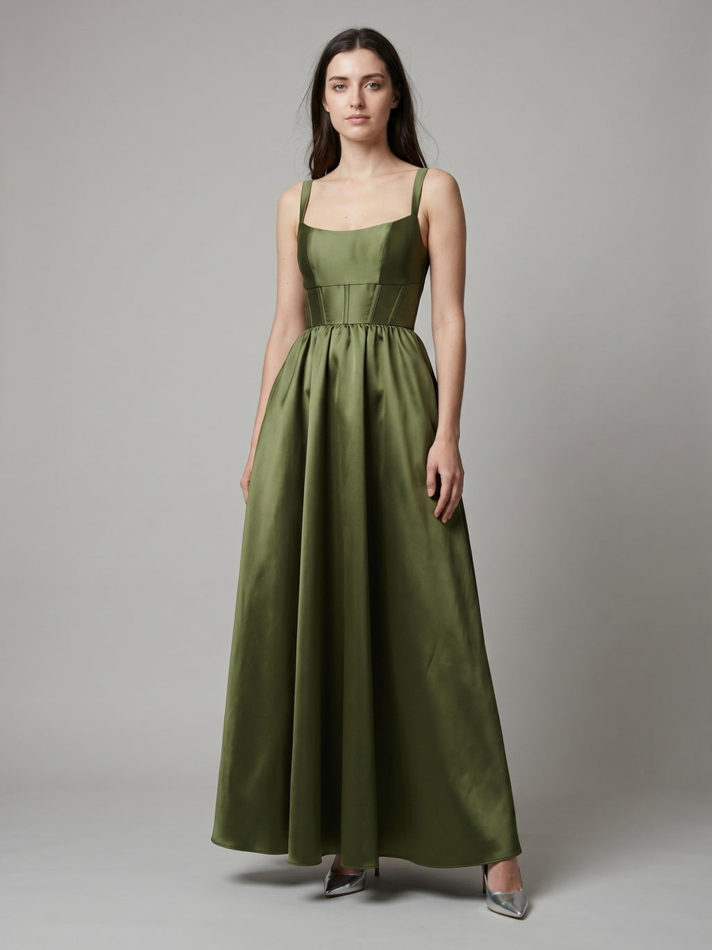 Olive Green Satin A-Line Scoop Neck Backless Floor-Length Bridesmaid Dress with Pockets