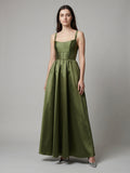 Olive Green Satin A-Line Scoop Neck Backless Floor-Length Bridesmaid Dress with Pockets