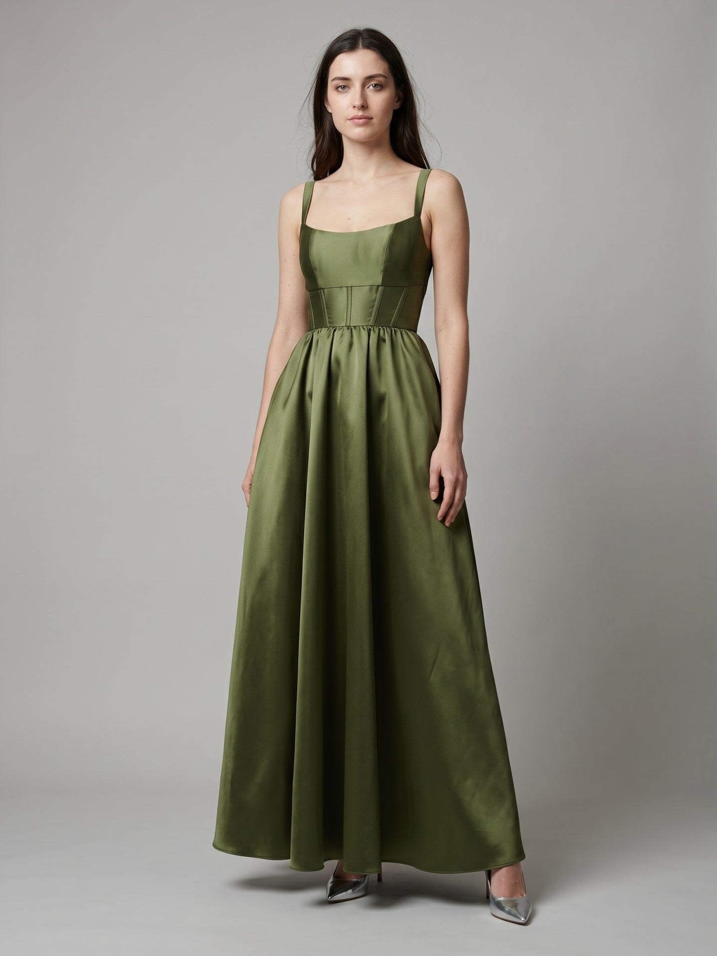 Olive Green Satin A-Line Scoop Neck Backless Floor-Length Bridesmaid Dress with Pockets