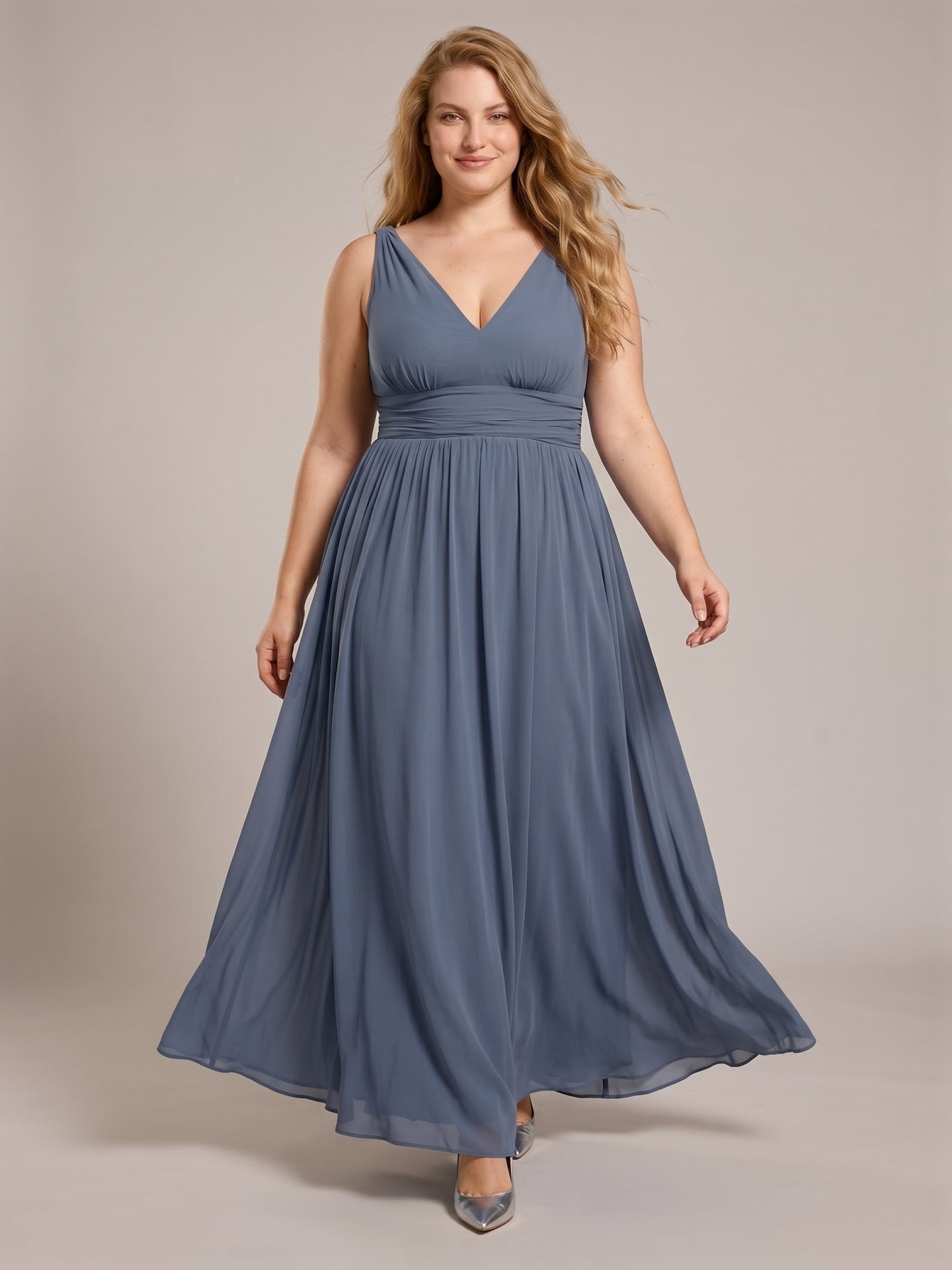 Simple Stormy Chiffon Empire V-Neck Back Zip Ankle-Length Plus Size Bridesmaid Dress