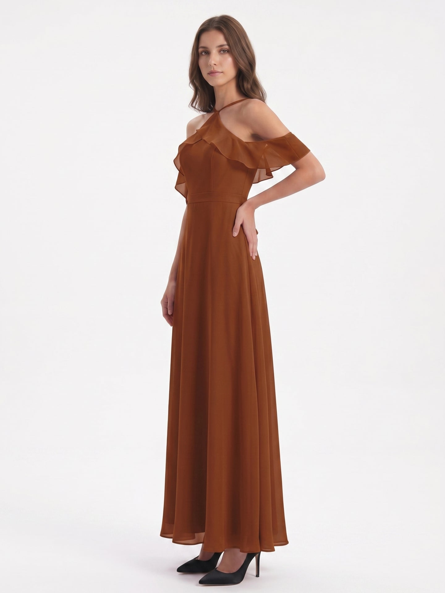 Terracotta Chiffon Sheath Off-the-Shoulder Backless Floor-Length Ruffle Dress