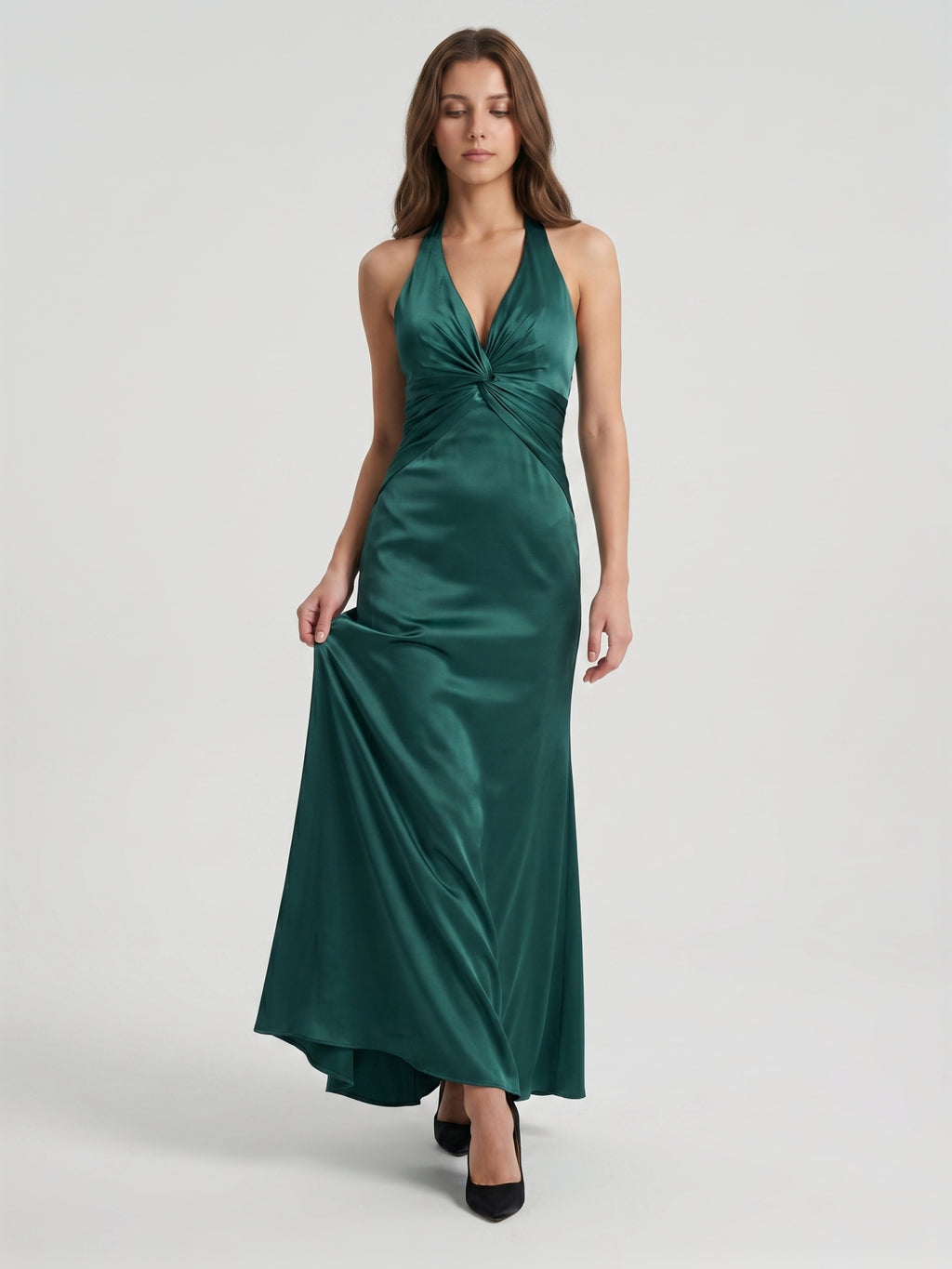 Peacock Satin Sheath Halter Backless Floor-Length Bridesmaid Dress
