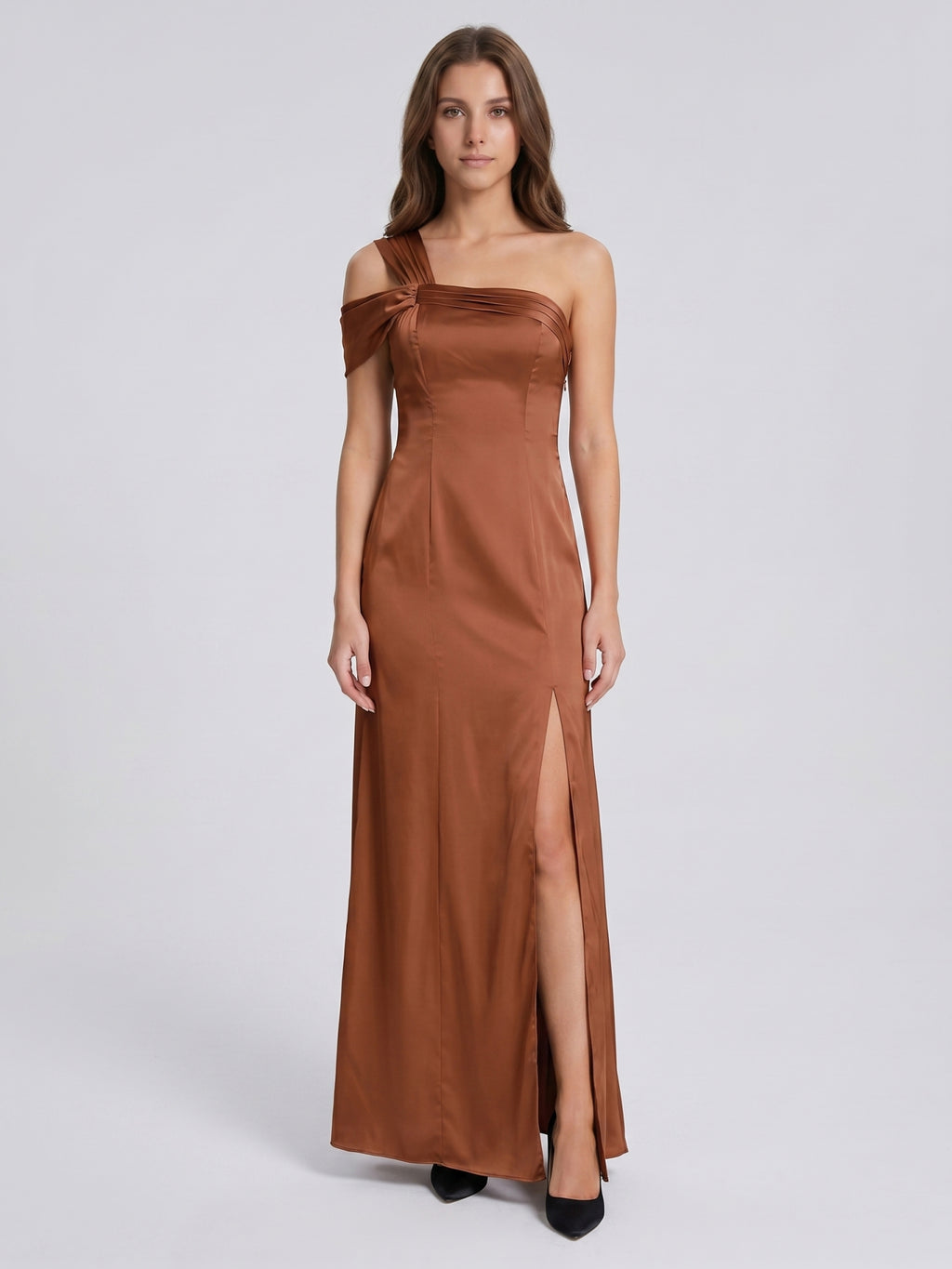 Terracotta Satin Column One Shoulder Backless Floor-Length Bridesmaid Dress