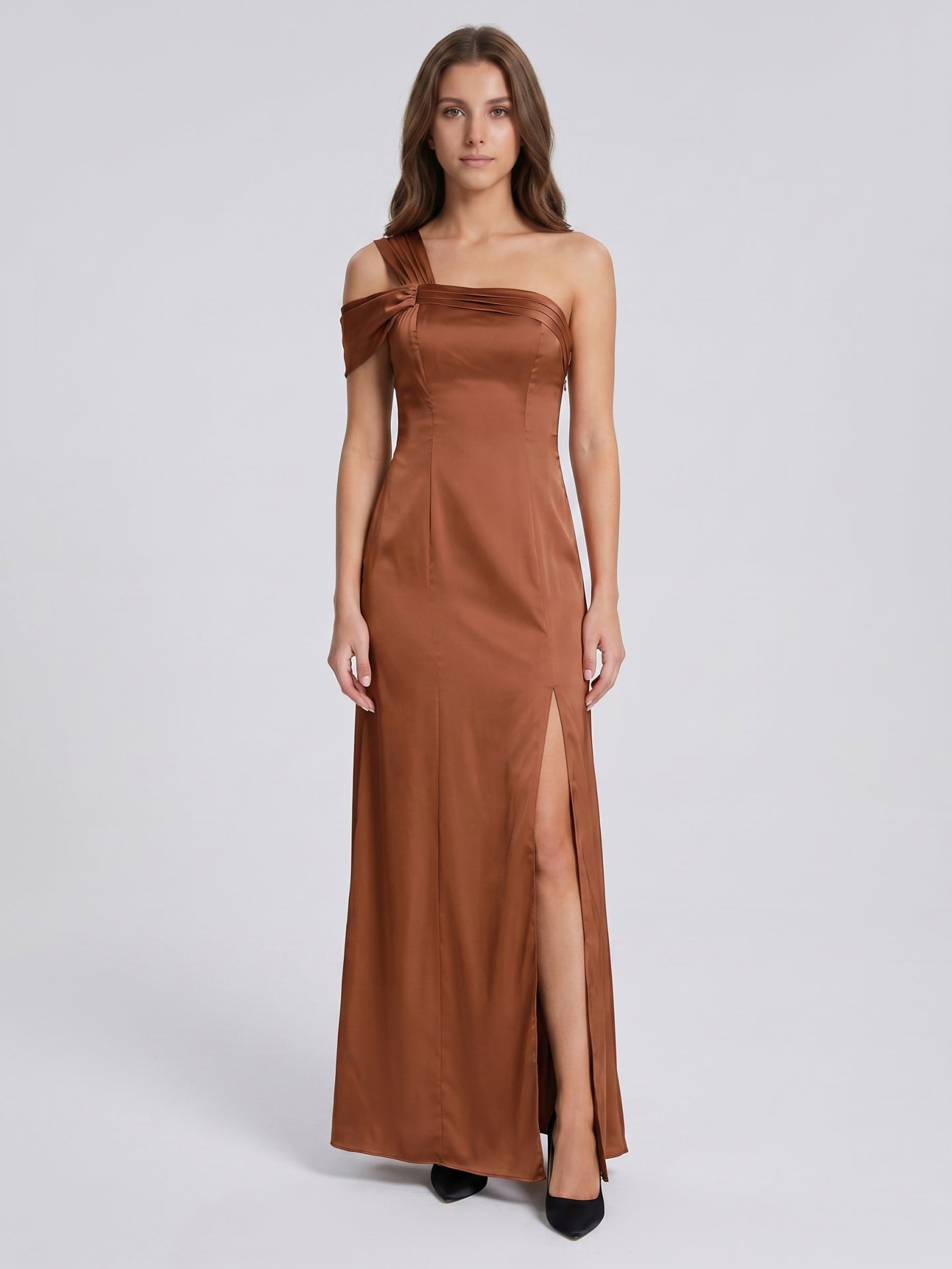 Terracotta Satin Column One Shoulder Backless Floor-Length Bridesmaid Dress