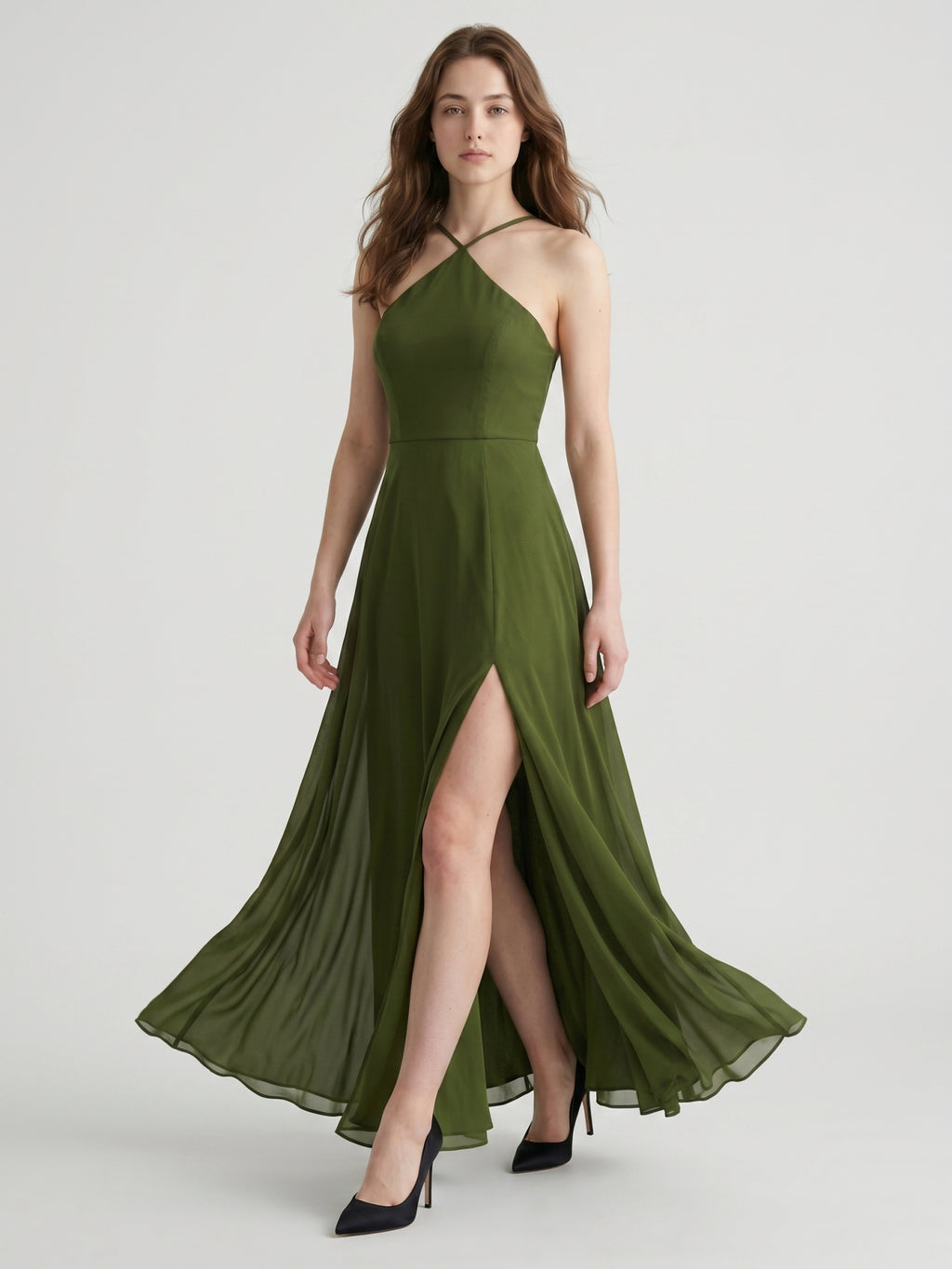 Olive Green Chiffon A-Line Halter Back Zip Floor-Length Bridesmaid Dress