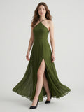 Olive Green Chiffon A-Line Halter Back Zip Floor-Length Bridesmaid Dress