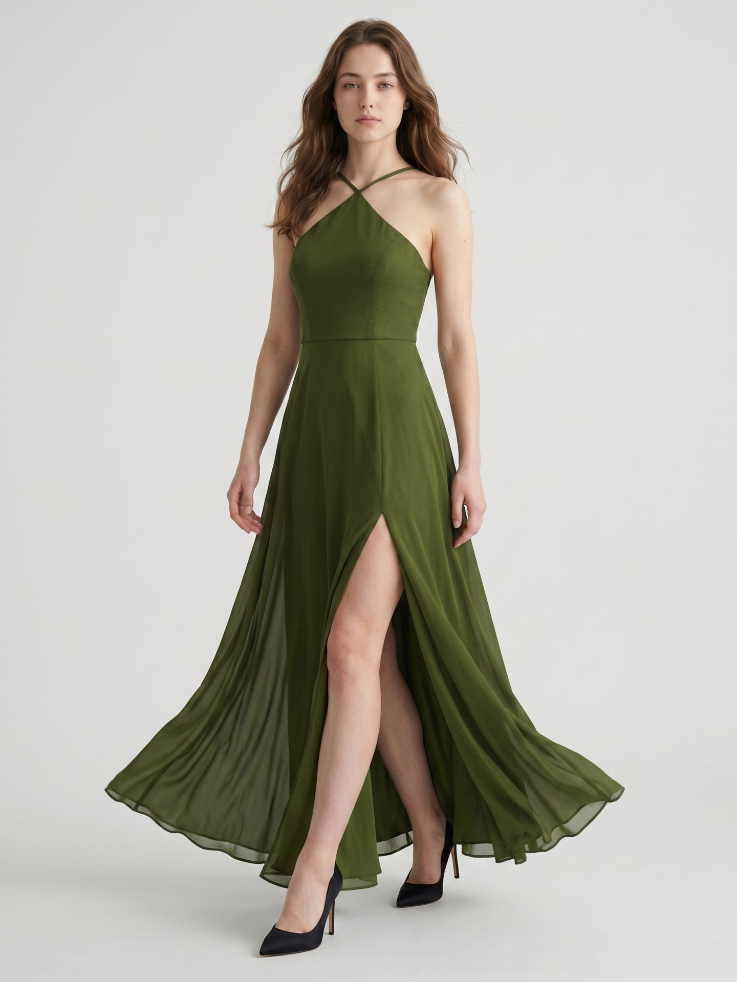 Olive Green Chiffon A-Line Halter Back Zip Floor-Length Bridesmaid Dress