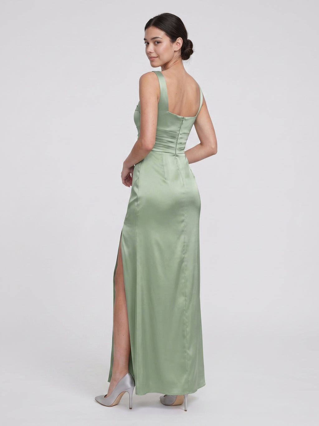 Elegant Dusty Sage Satin A-Line Square Neck Ankle-Length Bridesmaid Dress