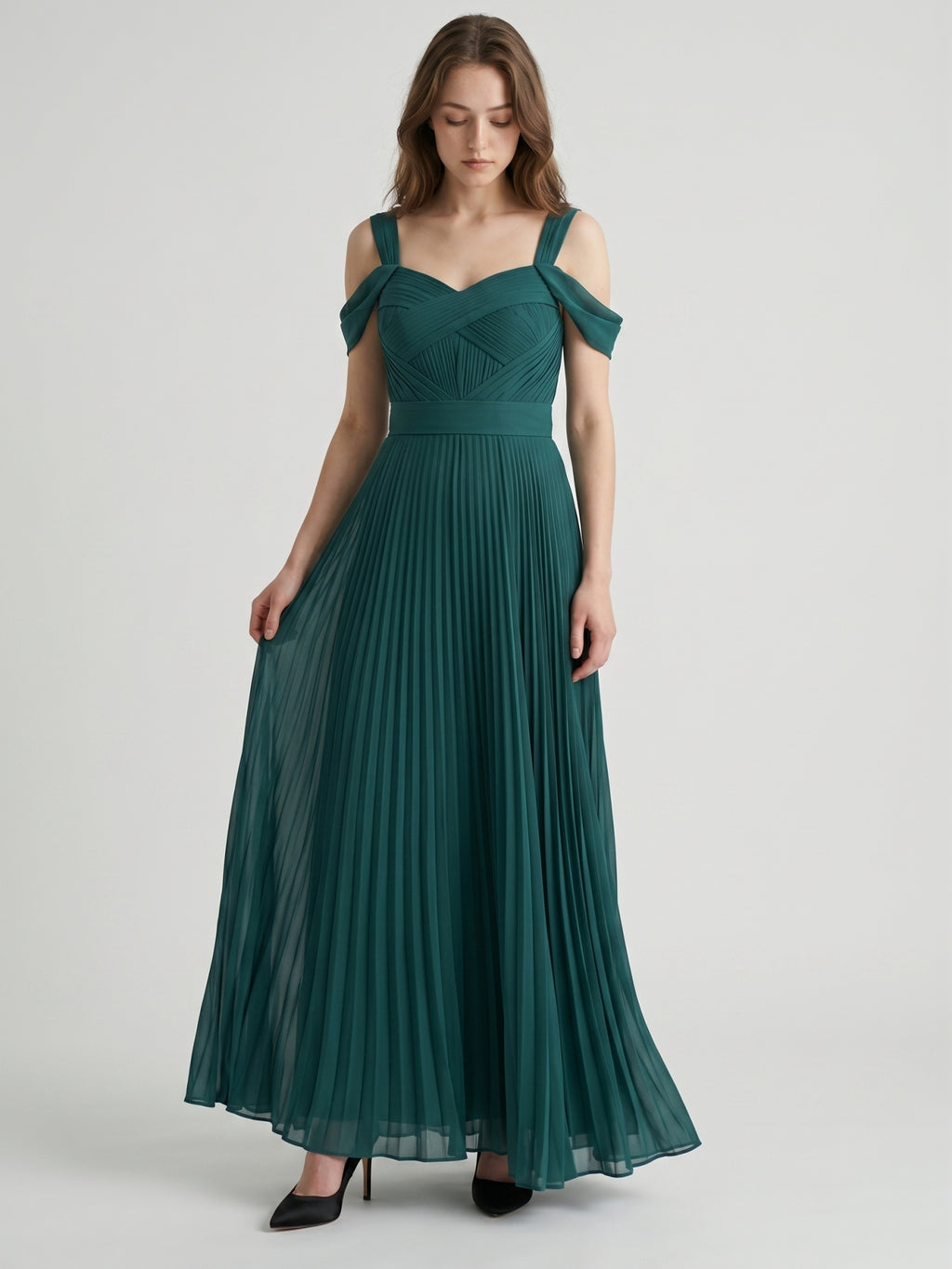 Peacock Chiffon A-Line Off-the-Shoulder Backless Floor-Length Pleated Dress