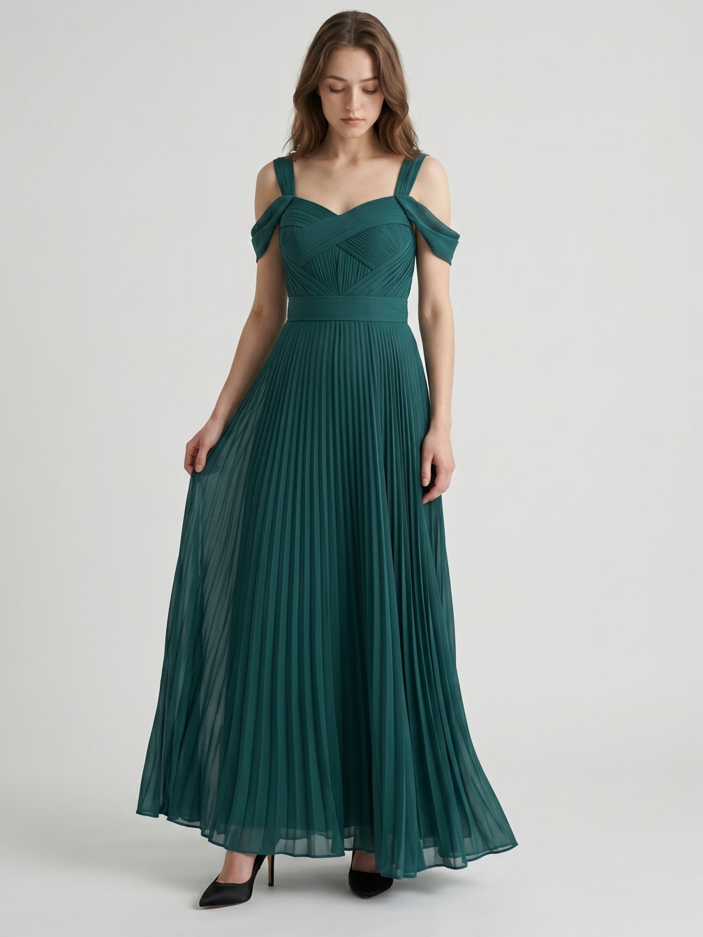 Peacock Chiffon A-Line Off-the-Shoulder Backless Floor-Length Pleated Dress