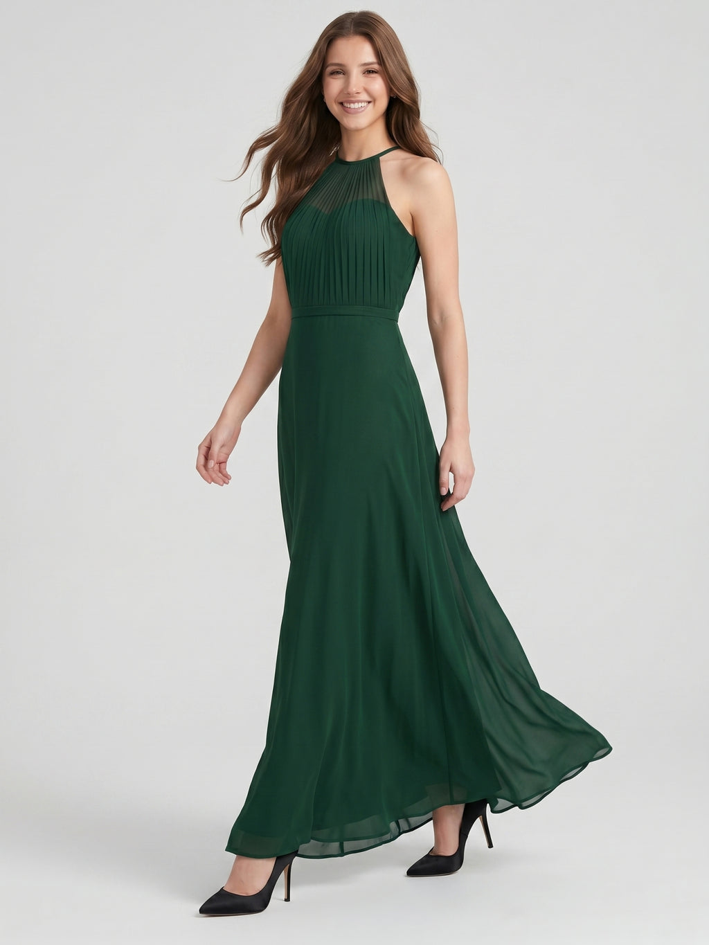 Forest Green Chiffon A-Line Halter Back Zip Floor-Length  Bridesmaid Dress