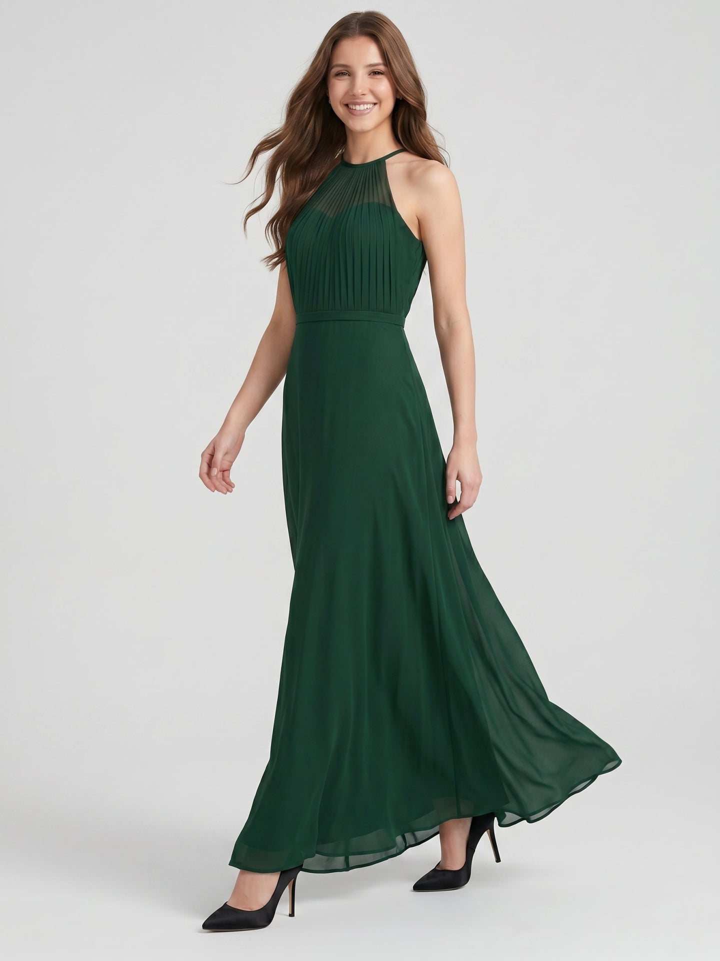 Forest Green Chiffon A-Line Halter Back Zip Floor-Length  Bridesmaid Dress