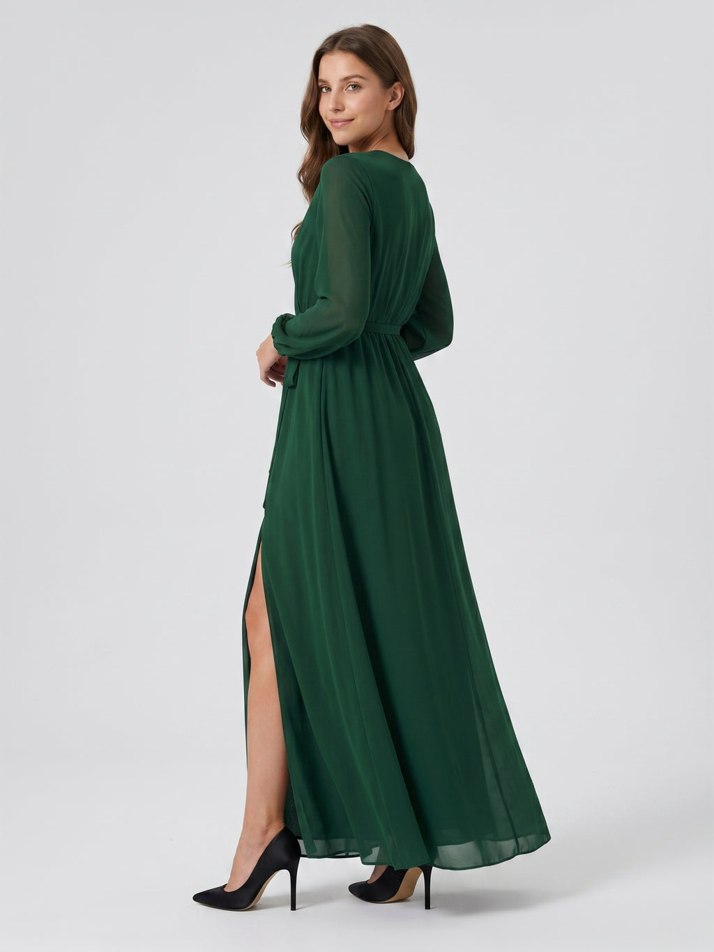 Forest Green Chiffon A-Line V-Neck Back Zip Floor-Length Pleated Bridesmaid Dress