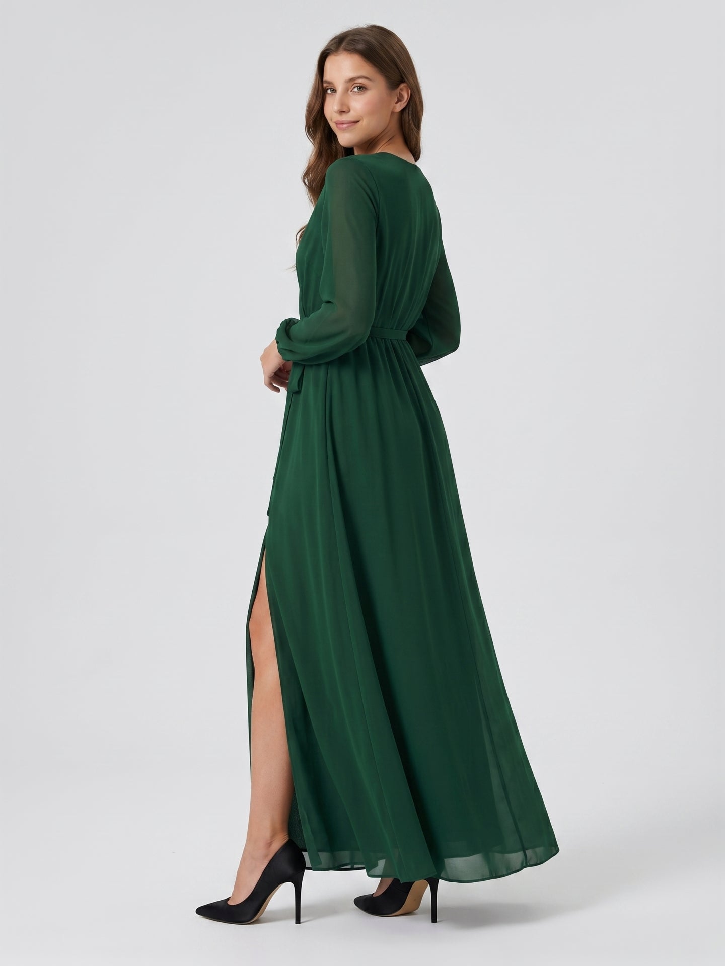 Forest Green Chiffon A-Line V-Neck Back Zip Floor-Length Pleated Bridesmaid Dress